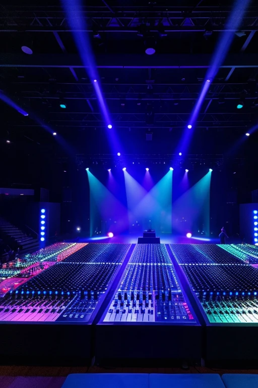 music mixer and big screens and lights make it look very spatial 