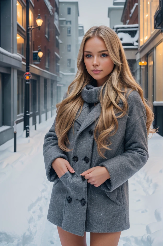 professional portrait photograph of a gorgeous Norwegian girl in winter clothing with long wavy blonde hair, sultry flirty look, gorgeous symmetrical face, cute natural makeup, wearing elegant warm winter fashion clothing, ((standing outside in snowy city street)), stunning modern urban environment, ultra realistic, concept art, elegant, highly detailed, intricate, sharp focus, depth of field, f/1. 8, 85mm, medium shot, mid shot, (((professionally color graded))), bright soft diffused light, (volumetric fog), trending on instagram, hdr 4k, 8k