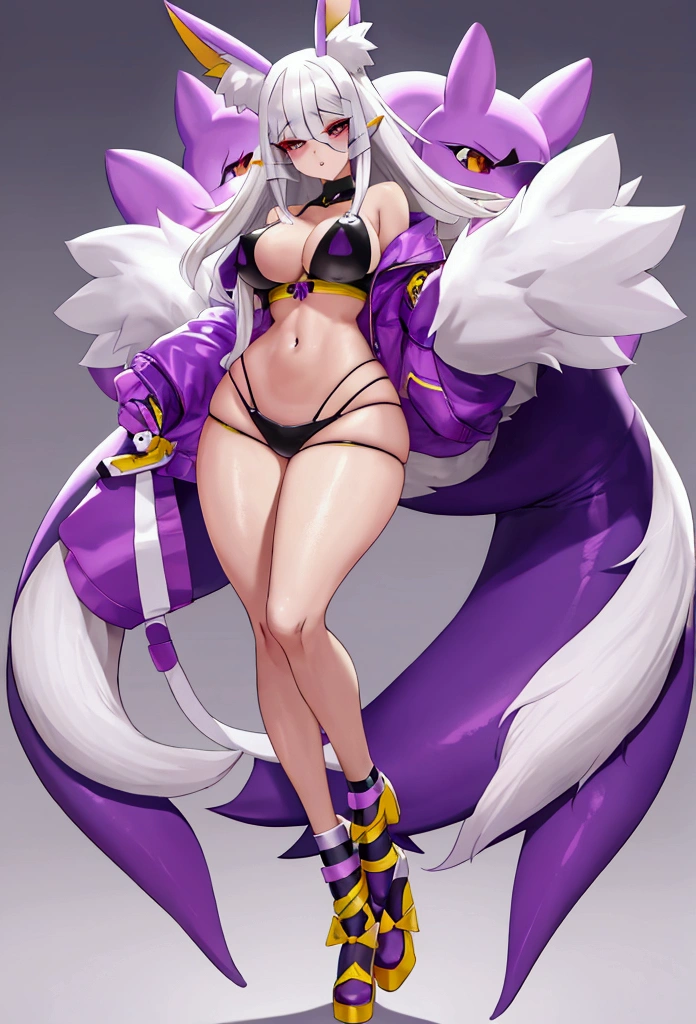 make me the character renamon from digimon but in a human version of this same one make him have details or characteristics of renamon like his ears and tail and also make a full body image make him have nice and firm breasts and a light skin tone too Make him a curvy, sexy body with medium thighs that are neither too big nor too small and white hair