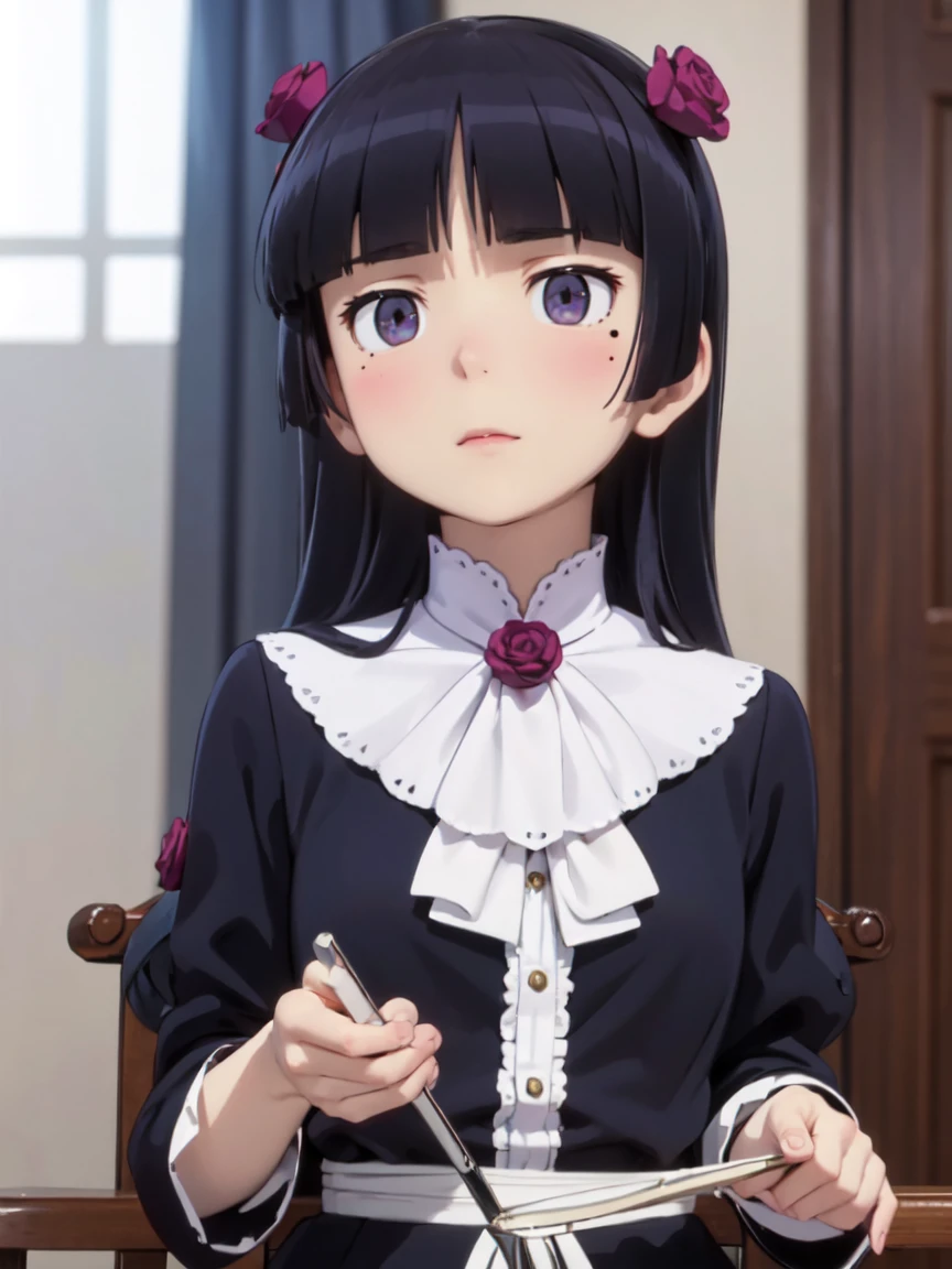 (Low angle shot), ((ruri gokou)), girl, alone, Hime cut, Black Hair, Mole under the eye, Long Hair, Noble woman, Confident expression, Gorgeous dress, Scepter,Gothic cathedral, gem, Sophisticated shades, Light coming in through large windows