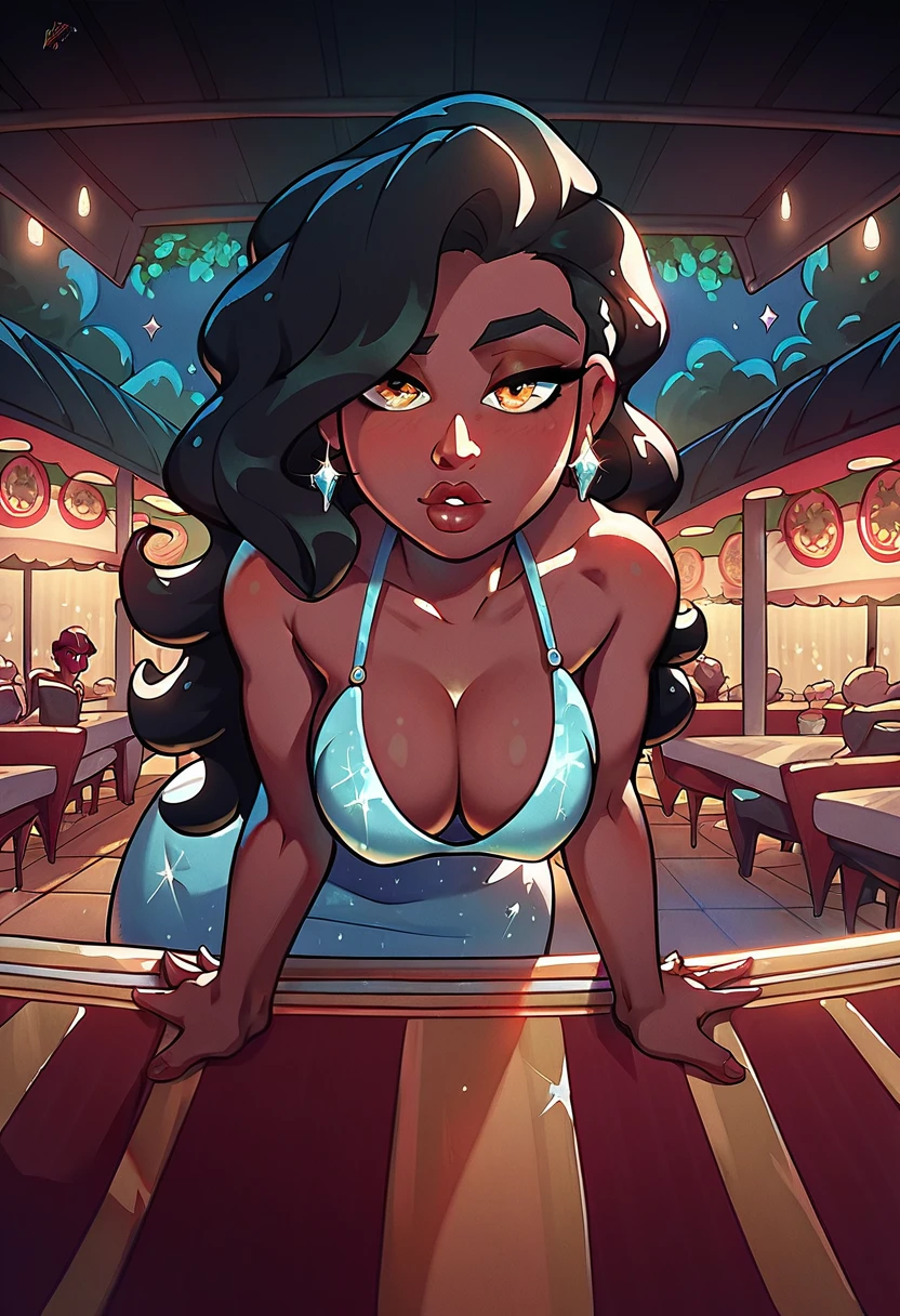 Beautiful naked camgirl, dark skin, long wavy black hair, large_hanging_breasts, pouty lips, fit, elegant dress, cleavage, pov dinner date, romantic lighting, dennys restaurant, night, sparkles