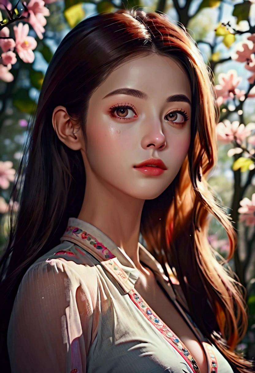 1girl, (Low Angle Shot:2), a beautiful girl in a garden, detailed face, detailed eyes, detailed lips, detailed nose, long eyelashes, elegant expression, flowing hair, (4k,8k,highres:1.2), ultra-detailed, natural lighting, warm color tones, impressionist style, cinematic lighting, masterpiece, best quality, very aesthetic, absurdres