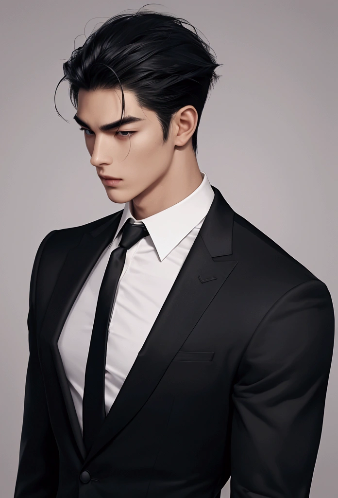 absurderes, high resolution, ultra detaild, realisitic, ), 1 men, Japanese, standing alone, grown-up, mellow, tall and muscular guy, broadshouldered, bonitas, short hair pulled back,Bblack hair, eyes browns, angular jaw, Neck grosso, thick eyebrows, formal outfit, opened some buttons on the chest, necktie, trunk, tatoo, Black rose, Neck, small.