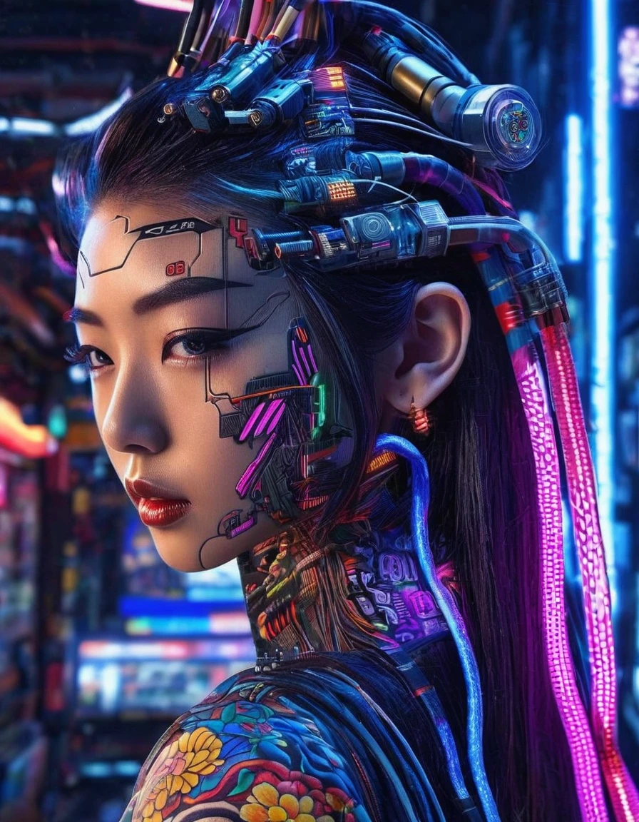 High technology, futuristic, cyborg girl, (photorealistic:1.4), long hair made of cables, robotic, lots of computer cables in the bacground, ultra high res, uhd, 8k, neon lights, japanese culture, kimono, jspanese demon

、asianbeauty、8k、4K、real、Realism、reality、Ultra HD、Asian、beautiful girl、High Quality、Highvision、Hyperdetail、Tattoos on the face、Japanese Tattoo、Japanesetattoo


、Full Body Shot、long shot