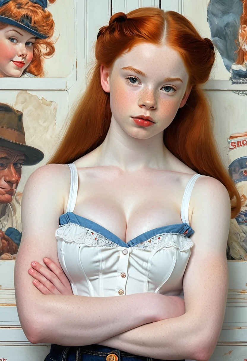 pale skin muscular redhead 13 year old girl huge breasts in the style of Norman Rockwell