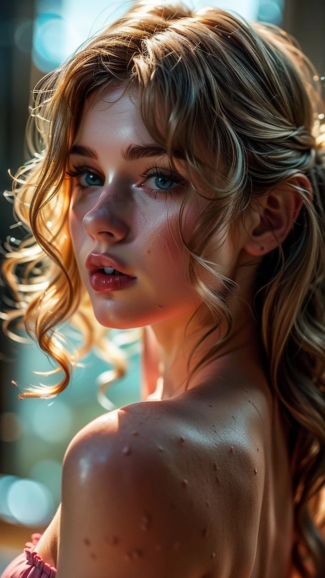 (((ultra realistic))) Photo, masterpiece, top quality, (pale skin), (Ultra detailed face and eyes:1.3), 1 girl, Adult, In Lifchik, ((Eye makeup, pink mascara)), ((large detailed lips)), ((pink wavy hair)), ((Chyolka)) , (Natural breasts), Slim waist. ((Posing)), photoshoot, studio (contour lighting), (The play of light and shadows), depth of field, bokeh, (special attention to skin detail: 1.2), Detailed leather texture, skin pores. (Light atmosphere of the frame. Color range - delicate, Bright, Yellow tones), UDR, ((Film grain)), ((rays)), (Glare), ((Photo from the back)) , ultra detialed,