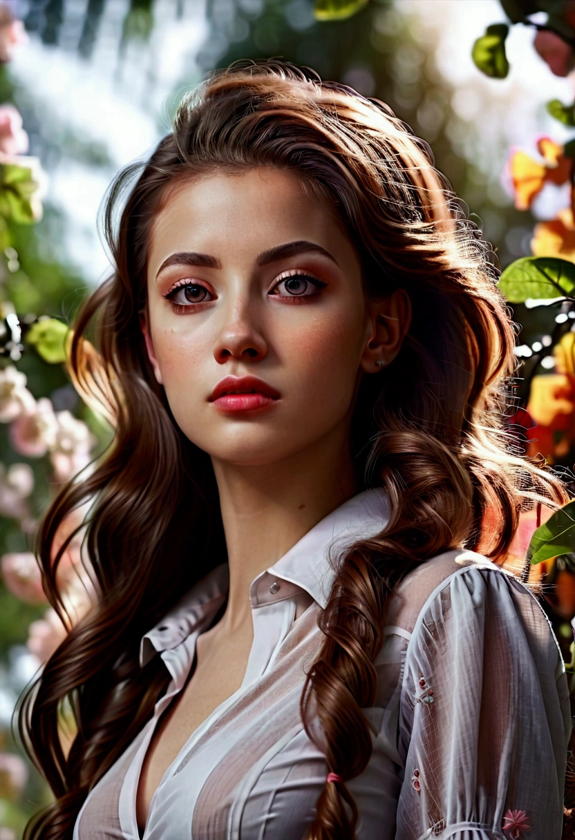 1girl, (Low Angle Shot:2), a beautiful girl in a garden, detailed face, detailed eyes, detailed lips, detailed nose, long eyelashes, elegant expression, flowing hair, (4k,8k,highres:1.2), ultra-detailed, natural lighting, warm color tones, impressionist style, cinematic lighting, masterpiece, best quality, very aesthetic, absurdres
