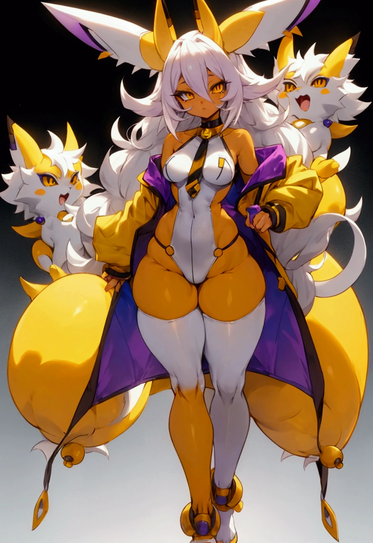 make me the character renamon from digimon but in a human version of this same one make him have details or characteristics of renamon like his ears and tail and also make a full body image make him have nice and firm breasts and a light skin tone too Make him a curvy, sexy body with medium thighs that are neither too big nor too small and white hair