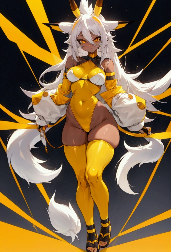 make me the character renamon from digimon but in a human version of this same one make him have details or characteristics of renamon like his ears and tail and also make a full body image make him have nice and firm breasts and a light skin tone too Make him a curvy, sexy body with medium thighs that are neither too big nor too small and white hair