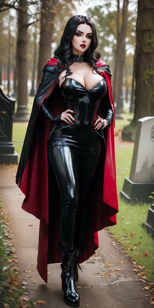 mulher arafada with cover preta e vermelha e roupa de látex, playing a black and white guitar, red and black cape and sweatshirt, leather boots and cape, amouranth as a super villain, with a long black cape, scarlet witch costume, long and torn red cape, dark cloak, with cover, using latex, wearing black latex outfit, vampire queen, black leather costume