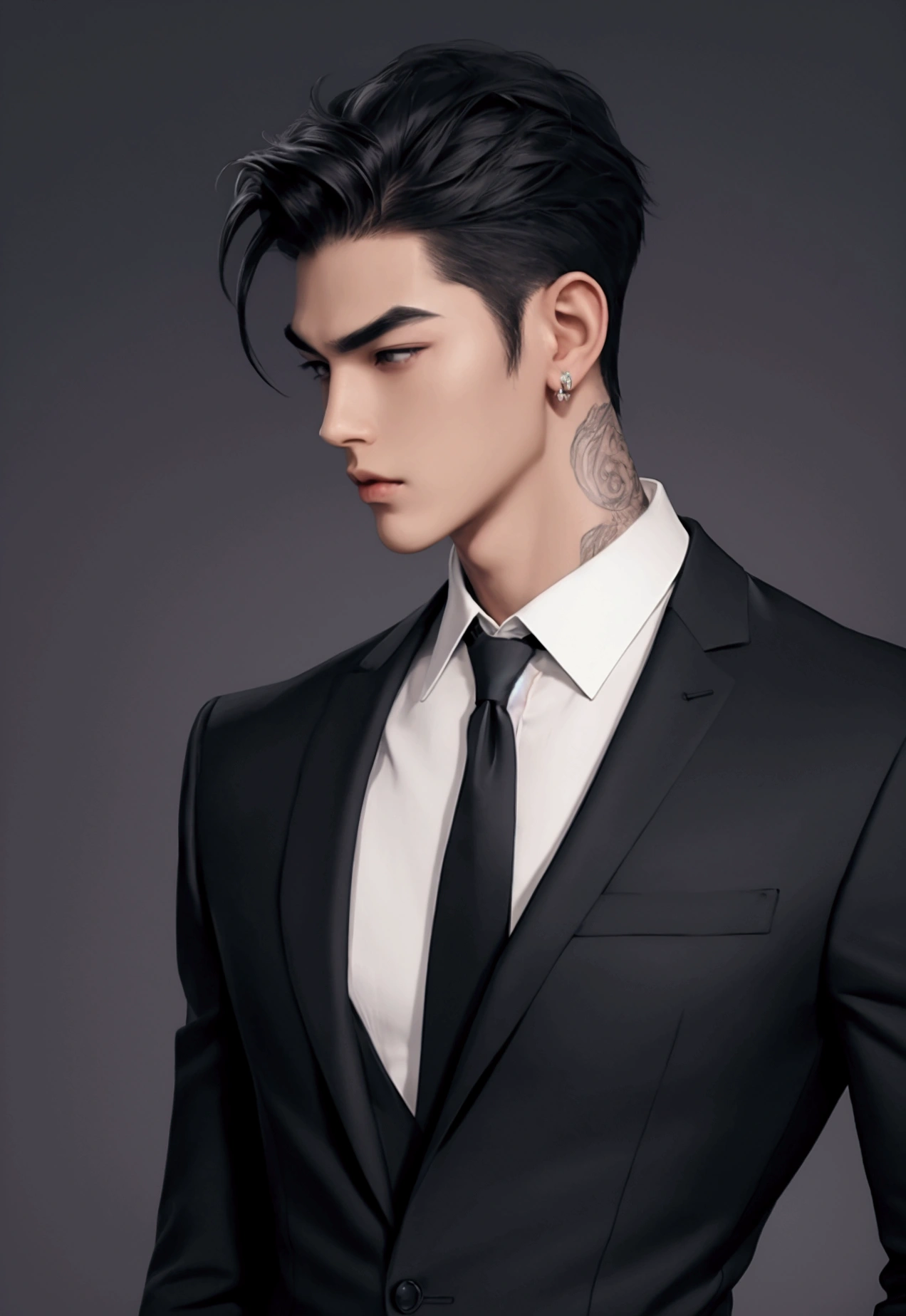 absurderes, high resolution, ultra detaild, realisitic, ), 1 men, Japanese, standing alone, grown-up, mellow, tall and muscular guy, broadshouldered, bonitas, short hair pulled back,Bblack hair, eyes browns, angular jaw, Neck grosso, thick eyebrows, formal outfit, opened some buttons on the chest, necktie, trunk, tatoo, Black rose, Neck, small, looking straight ahead .