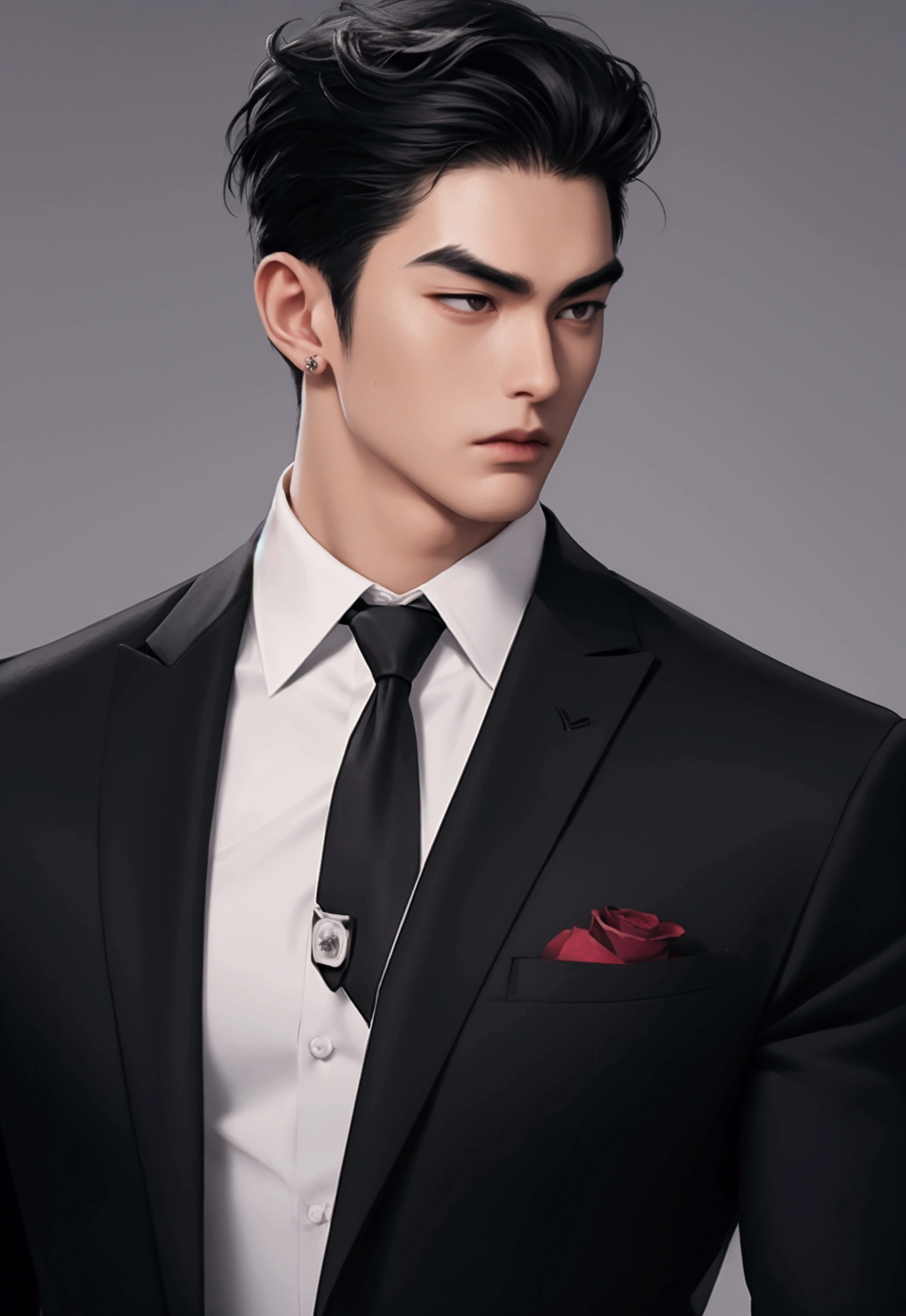 absurderes, high resolution, ultra detaild, realisitic, ), 1 men, Japanese, standing alone, grown-up, mellow, tall and muscular guy, broadshouldered, bonitas, short hair pulled back,Bblack hair, eyes browns, angular jaw, Neck grosso, thick eyebrows, formal outfit, opened some buttons on the chest, necktie, trunk, tatoo, Black rose, Neck, small, looking straight ahead .