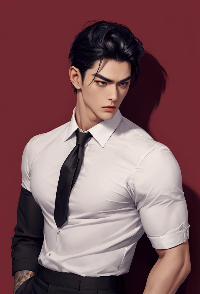 absurderes, high resolution, ultra detaild, realisitic, ), 1 men, Japanese, standing alone, grown-up, mellow, tall and muscular guy, broadshouldered, bonitas, short hair pulled back,Bblack hair, eyes browns, angular jaw, Neck grosso, thick eyebrows, formal outfit, opened some buttons on the chest, necktie, trunk, tatoo, Black rose, Neck, small, looking straight ahead .