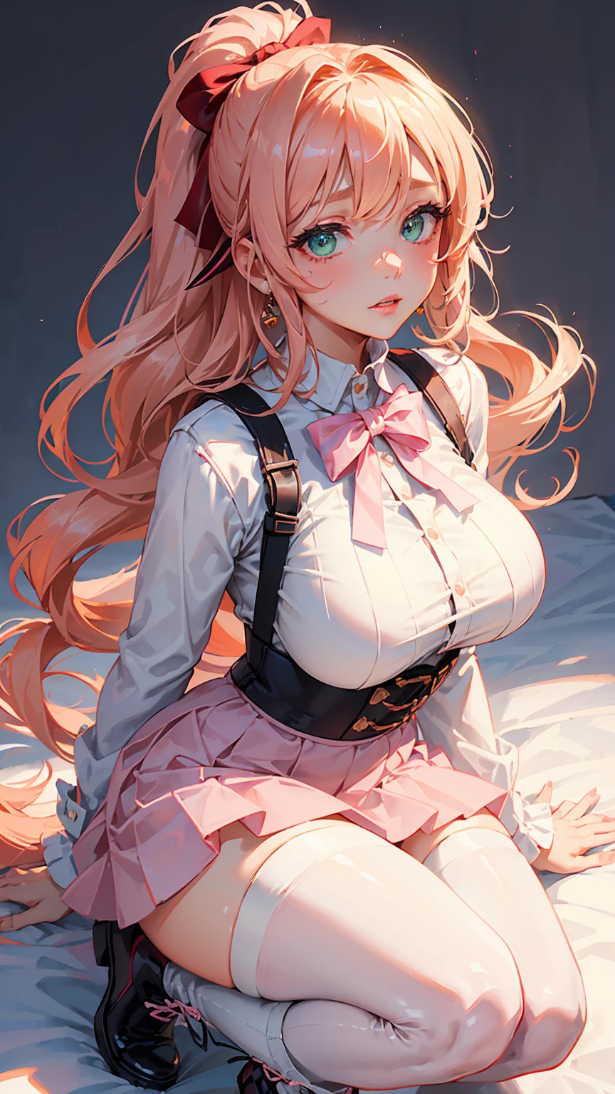 (masterpiece、top-quality、hight resolution、Unity 8k壁纸、extremely details CG:1)、(illustratio:1.0)、jihyo、独奏、Soft breasts、(Pink lace panties)、Emphasize ass、Tight white shirt、Denim Mini Skirt、Puffy nipple、Kamimei、
