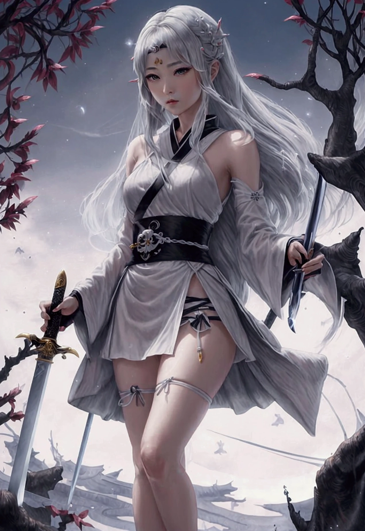 ((high quality、masterpiece、detailed、Normal body、5This finger、Accurate、delicate))、Beautiful Girl Swordsman((Holding a Japanese sword in his right hand、Hold the sheath in your left hand、Silver Hair))、black sexy robe、White sexy mini skirt、moonlight、wielding a Japanese sword、Sword Drawing Technique、yes、Japan Pulling the sword out of its sheath、Feminization:1.7