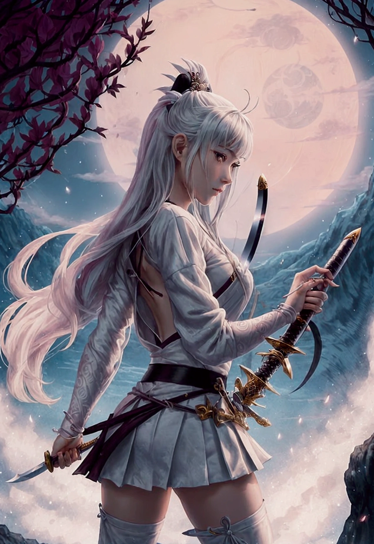 （（high quality、masterpiece、detailed、Normal body、５This finger、Accurate、delicate））、Beautiful Girl Swordsman（（Holding a Japanese sword in his right hand、Hold the sheath in your left hand、Silver Hair））、black y robe、White sexini skirt、moonlight、wielding a Japanese sword、Sword Drawing Technique、yes、Japan Pulling the sword out of its sheath、Feminization:1.7