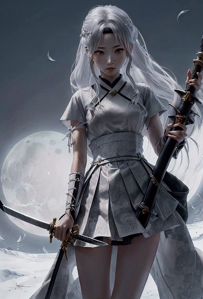 （（high quality、masterpiece、detailed、Normal body、５This finger、Accurate、delicate））、Beautiful Girl Swordsman（（Holding a Japanese sword in his right hand、Hold the sheath in your left hand、Silver Hair））、black sexy robe、White sexy mini skirt、moonlight、wielding a Japanese sword、Sword Drawing Technique、yes、Japan Pulling the sword out of its sheath、Feminization:1.7