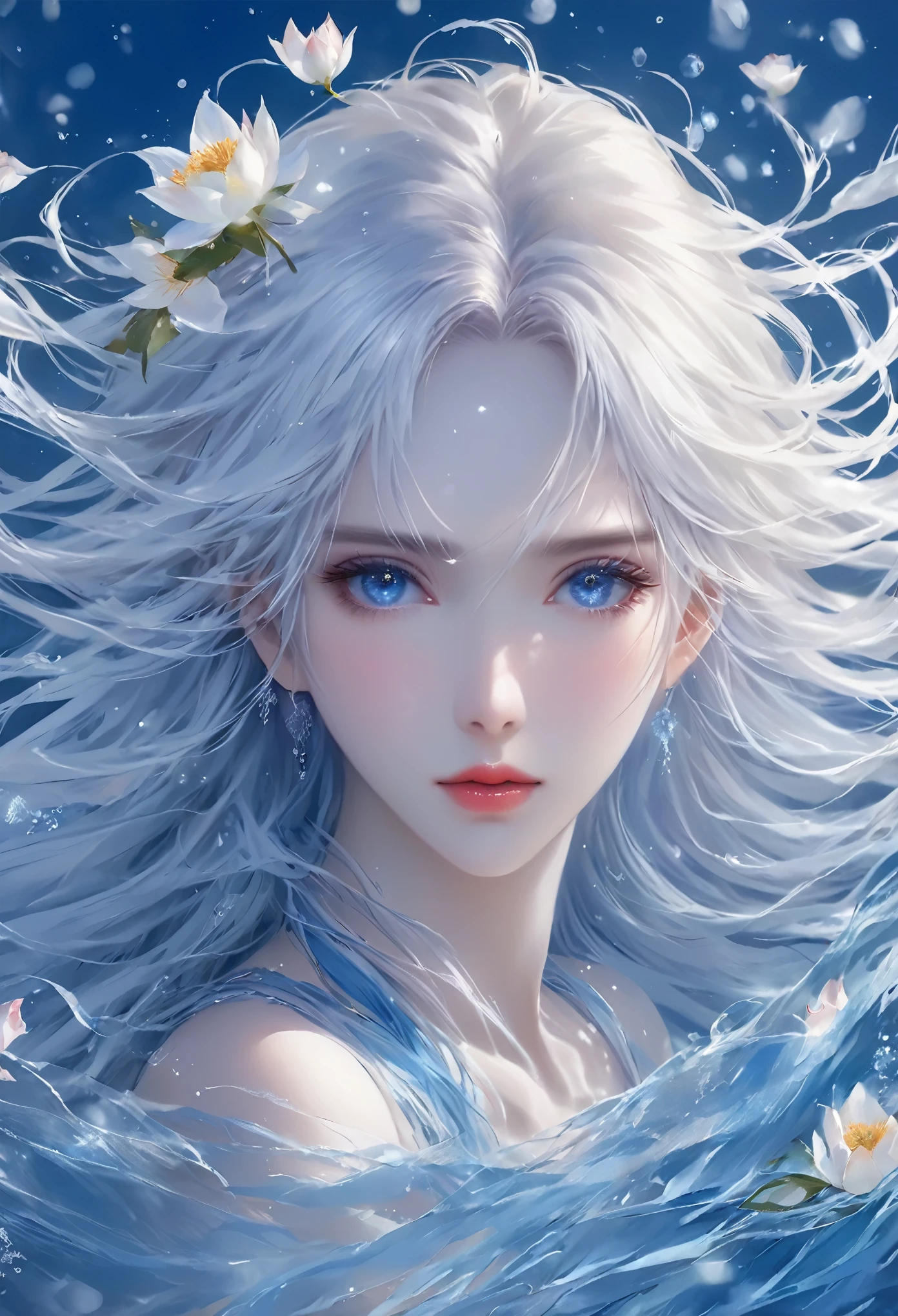 Seven part photos, masterpiece, best quality, Official Art, Extremely detailed CG 8k wallpaper,(Flying petals)(Detailed ice) , water晶质感皮肤, Cold expression, White hair, Long hair, Messy hair, blue eyes, Looking at the audience, Extremely refined, water, ((Beautiful and delicate eyes)), Very detailed, light,((Pretty Face), (Original figure painting), Very detailedSeven part photos, masterpiece, best quality, Official Art, Extremely detailed CG 8k wallpaper,(Flying petals)(Detailed ice) , water晶质感皮肤, Cold expression, White hair, Long hair, Messy hair, blue eyes, Looking at the audience, Extremely refined,, ((Beautiful and delicate eyes)), Very detailed, light,((Pretty Face),(Original figure painting), Very detailed, Very detailed, (Extremely refined), Beautiful and delicate eyes,