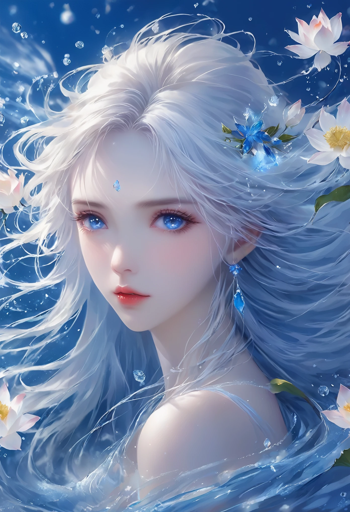 Seven part photos, masterpiece, best quality, Official Art, Extremely detailed CG 8k wallpaper,(Flying petals)(Detailed ice) , water晶质感皮肤, Cold expression, White hair, Long hair, Messy hair, blue eyes, Looking at the audience, Extremely refined, water, ((Beautiful and delicate eyes)), Very detailed, light,((Pretty Face), (Original figure painting), Very detailedSeven part photos, masterpiece, best quality, Official Art, Extremely detailed CG 8k wallpaper,(Flying petals)(Detailed ice) , water晶质感皮肤, Cold expression, White hair, Long hair, Messy hair, blue eyes, Looking at the audience, Extremely refined,, ((Beautiful and delicate eyes)), Very detailed, light,((Pretty Face),(Original figure painting), Very detailed, Very detailed, (Extremely refined), Beautiful and delicate eyes,