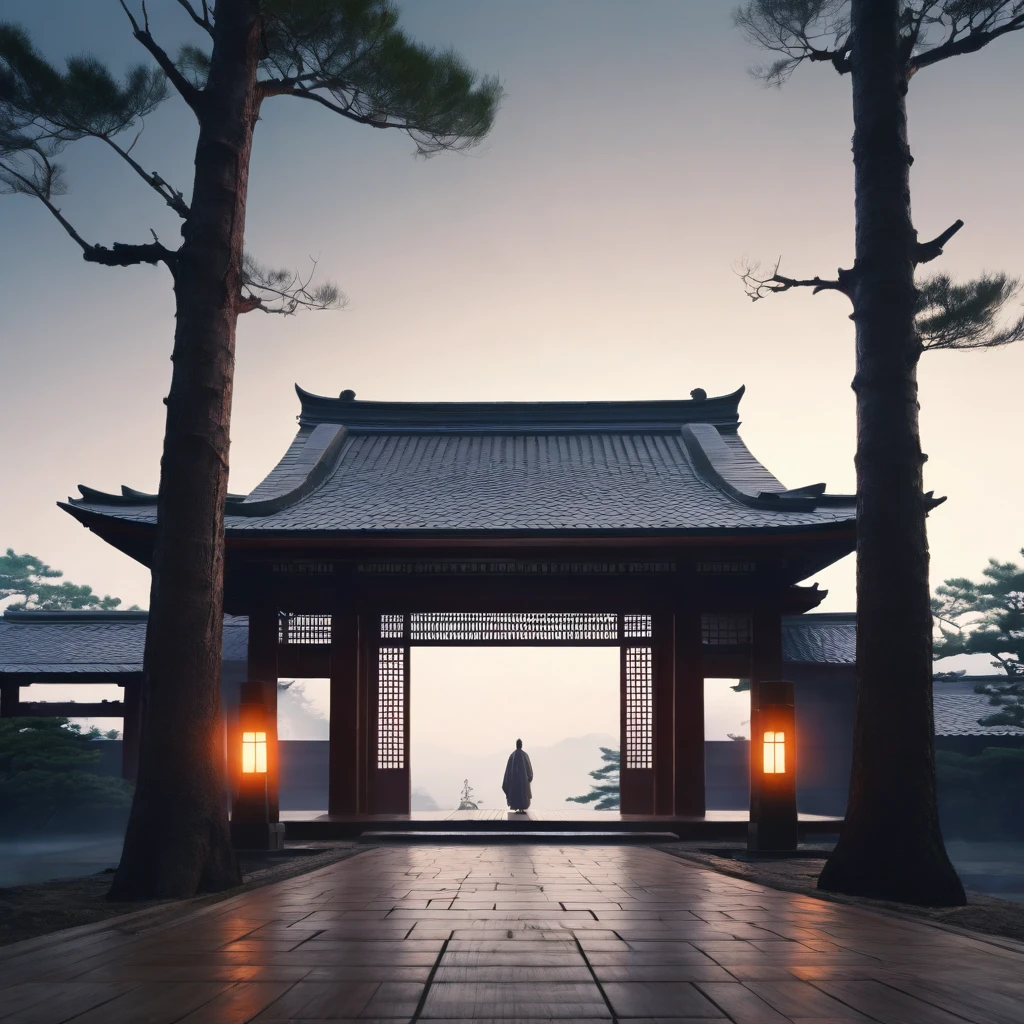 The gods gather, Otherworldly morning in Japanese temple in the 70s, Mysterious, calm feeling, good morning, ancient Japan, appearing from the darkness((best quality, 8K, masterpiece: 1.3)) ,
 