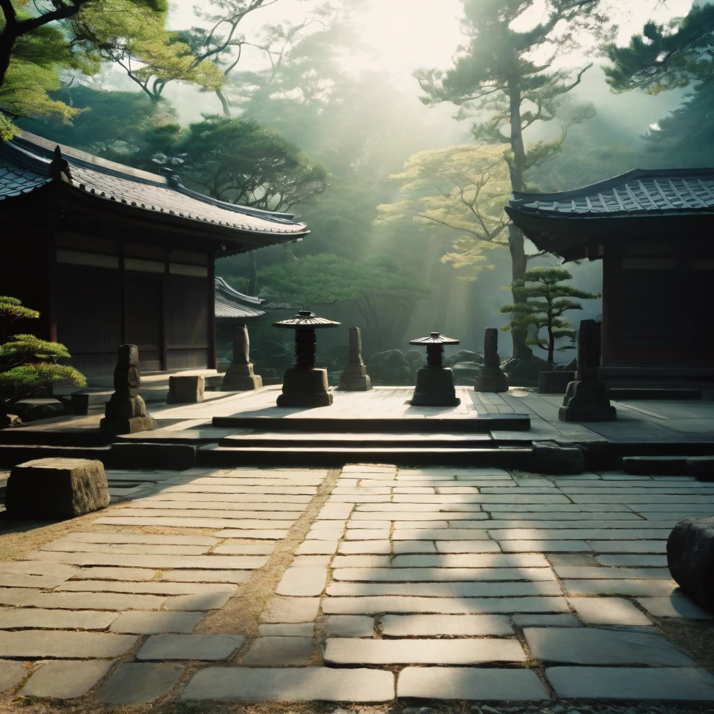 The gods gather, Otherworldly morning in Japanese temple in the 70s, Mysterious, calm feeling, good morning, ancient Japan, appearing from the darkness((best quality, 8K, masterpiece: 1.3)) ,
 