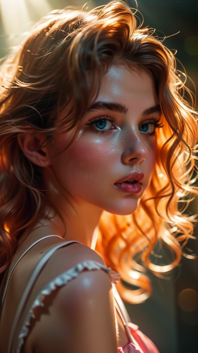 (((ultra realistic))) Photo, masterpiece, top quality, (pale skin), (Ultra detailed face and eyes:1.3), 1 girl, Adult, In Lifchik, ((Eye makeup, pink mascara)), ((large detailed lips)), ((pink wavy hair)), ((Chyolka)) , (Natural breasts), Slim waist. ((Posing)), photoshoot, studio (contour lighting), (The play of light and shadows), depth of field, bokeh, (special attention to skin detail: 1.2), Detailed leather texture, skin pores. (Light atmosphere of the frame. Color range - delicate, Bright, Yellow tones), UDR, ((Film grain)), ((rays)), (Glare), ((Photo from the back)) , ultra detialed, 