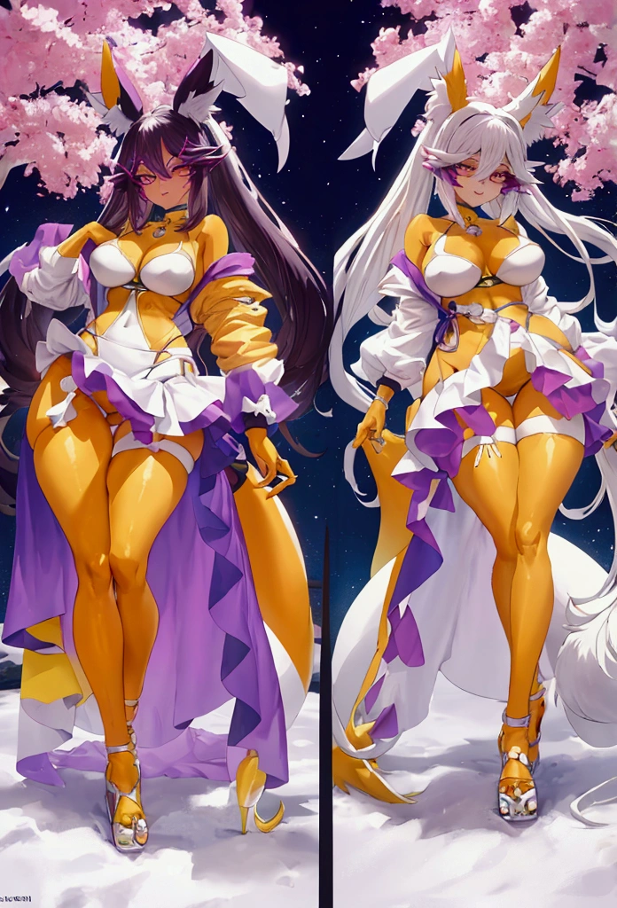 make me the character renamon from digimon but in a human version of this same one make him have details or characteristics of renamon like his ears and tail and also make a full body image make him have nice and firm breasts and a light skin tone too Make him a curvy, sexy body with medium thighs that are neither too big nor too small and white hair