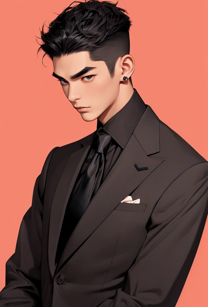 absurderes, high resolution, ultra detaild, realisitic, ), 1 men, Japanese, standing alone, grown-up, mellow, tall and muscular guy, broadshouldered, bonitas, short hair pulled back,Bblack hair, eyes browns, angular jaw, Neck grosso, thick eyebrows, formal outfit, opened some buttons on the chest, necktie, trunk, tatoo, Black rose, Neck, small, looking straight ahead .