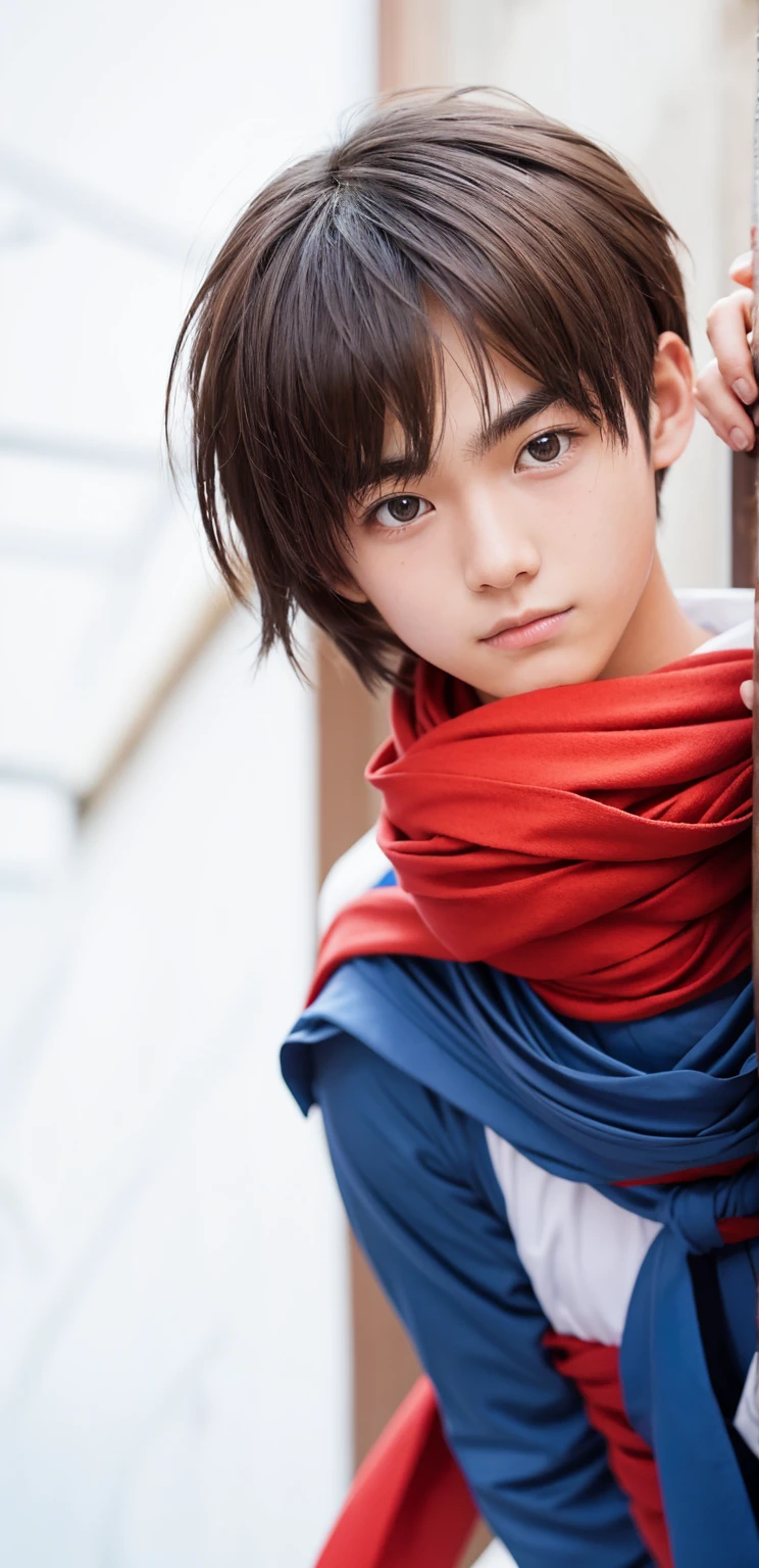 Blue Shinobi costume, Ninja, Beautiful boy, Beautiful Japanese, Male high school student, Brown hair, Male, Refreshingly handsome, Thin eyebrows, Upper body naked, *********, Wearing a red scarf