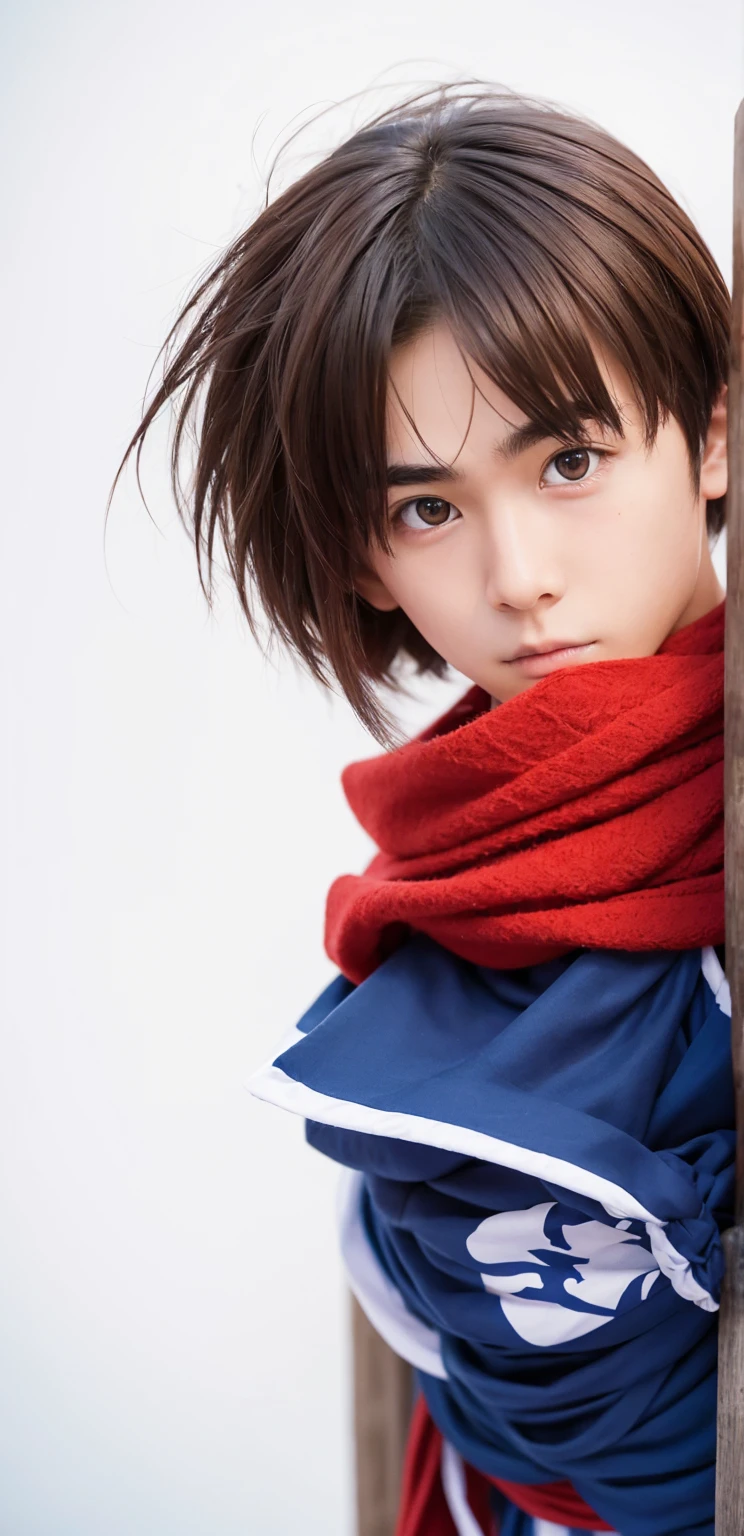 Blue Shinobi costume, Ninja, Beautiful boy, Beautiful Japanese, Male high school student, Brown hair, Male, Refreshingly handsome, Thin eyebrows, Upper body naked, Baby face, Wearing a red scarf