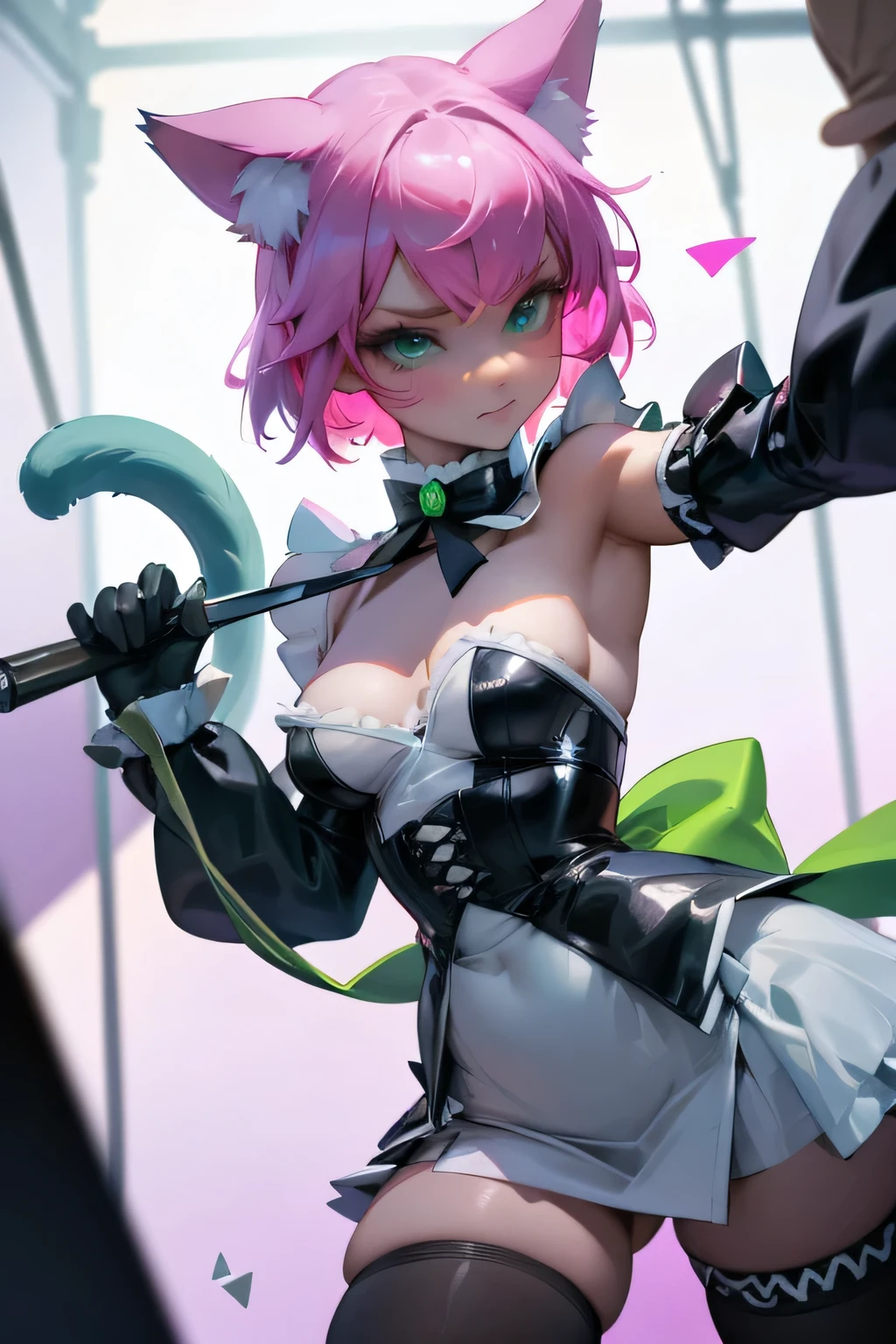 best quality,4k,highres),ultra detailed,realistic:1.37, Pink hair, short hair, deep emerald green colored eyes, small breasts,  body, short body, large magical collar, slave, cat girl, cat tail, servant, sexy, cute, shy look, tied up, in a dungeon, mischievous expression, bratty, short maid dress, thigh high leggings, lolita maid, white dress, black and green dress, revealing dress, exposed thighs, detached sleeves
