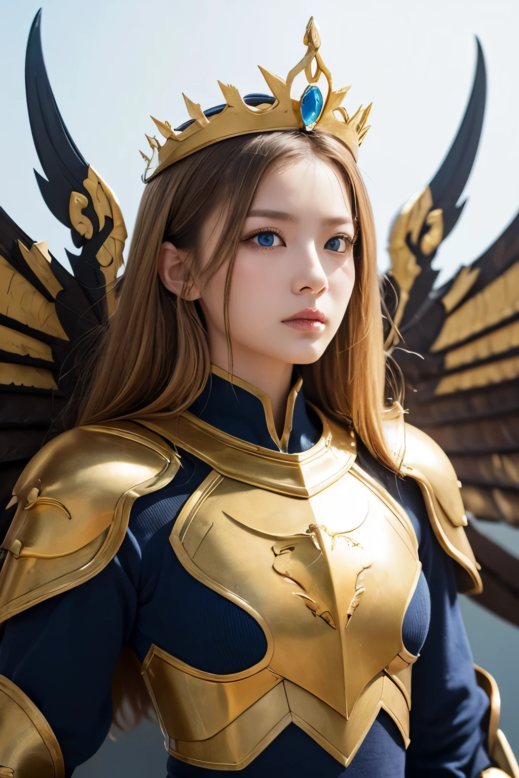 prick々Holy warrior in beautiful golden armor、Golden Wings、Golden Tiara、Dragon scale armor、Armor with a heavy feel、blue eyes、