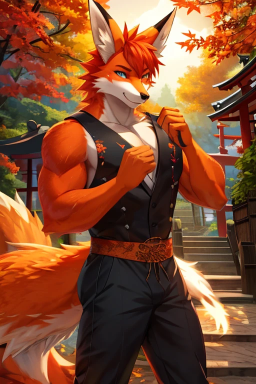 a cute anime men with vibrant orange punk hair,orange fox-like ears and an orange fox tail,beautiful blue detailed eyes,beautiful detailed lips,extremely detailed face and eyes,long eyelashes,elegant dress,magical  garden setting,red autumn leaves swirling around,best quality,4k,8k,highres,masterpiece:1.2,ultra-detailed,realistic,photorealistic:1.37,vibrant colors,cinematic lighting,black pants,(Japanese 9-tailed kitsune:1.5),solo,(brutalmass:1.5),solo