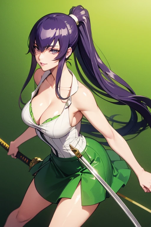 (masterpiece,highest quality,high resolution),bujusima saeko face, (((exotic girl))), beautiful girl,1 girl, full body portrait､posing wielding katana, ((pretty ponytail)), glossy lips, double eyelids on both hands eyes, natural smile, natural makeup, long eyelashes, smooth shiny hair､ middle image, perfect limbs, perfect anatomy,  in green mini skirt, visible cleavage, zombie background