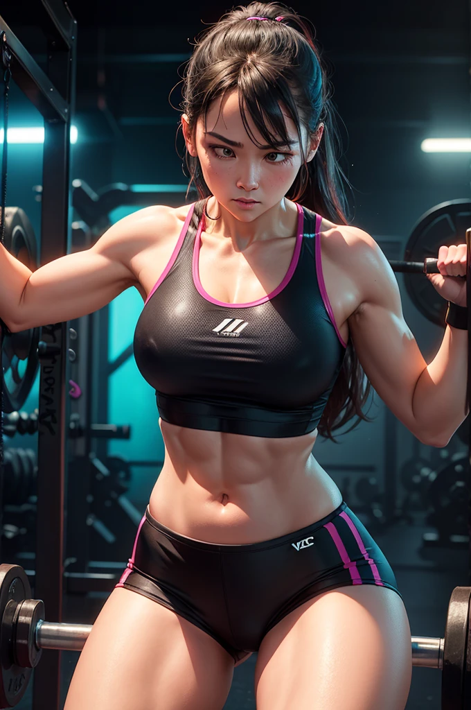 Amidst the vibrant neon lighting of the gym, a determined woman performs her workouts with focus and precision, her athletic wear reflecting the lights around her as she lifts weights with strength and technique