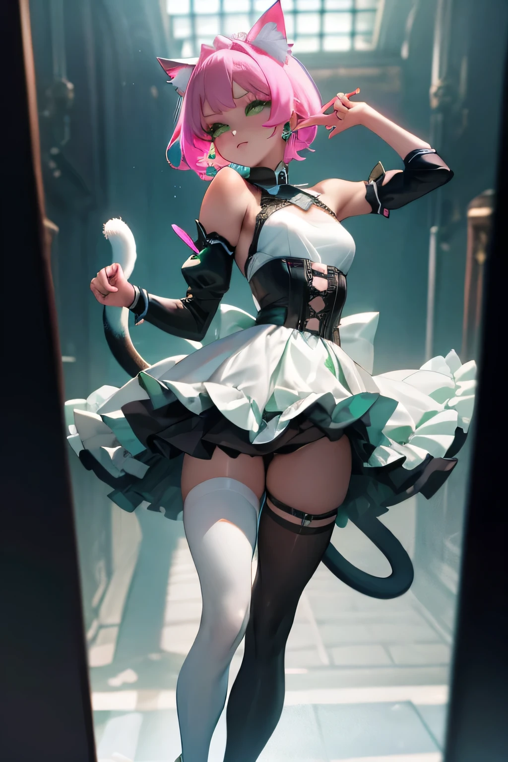 best quality,4k,highres),ultra detailed,realistic:1.37, Pink hair, short hair, deep emerald green colored eyes, small breasts,  body, short body, large magical collar, slave, cat girl, cat tail, servant, sexy, cute, shy look, tied up, in a dungeon, mischievous expression, bratty, short maid dress, thigh high leggings, ****ta maid, white dress, black and green dress, revealing dress, exposed thighs, detached sleeves
