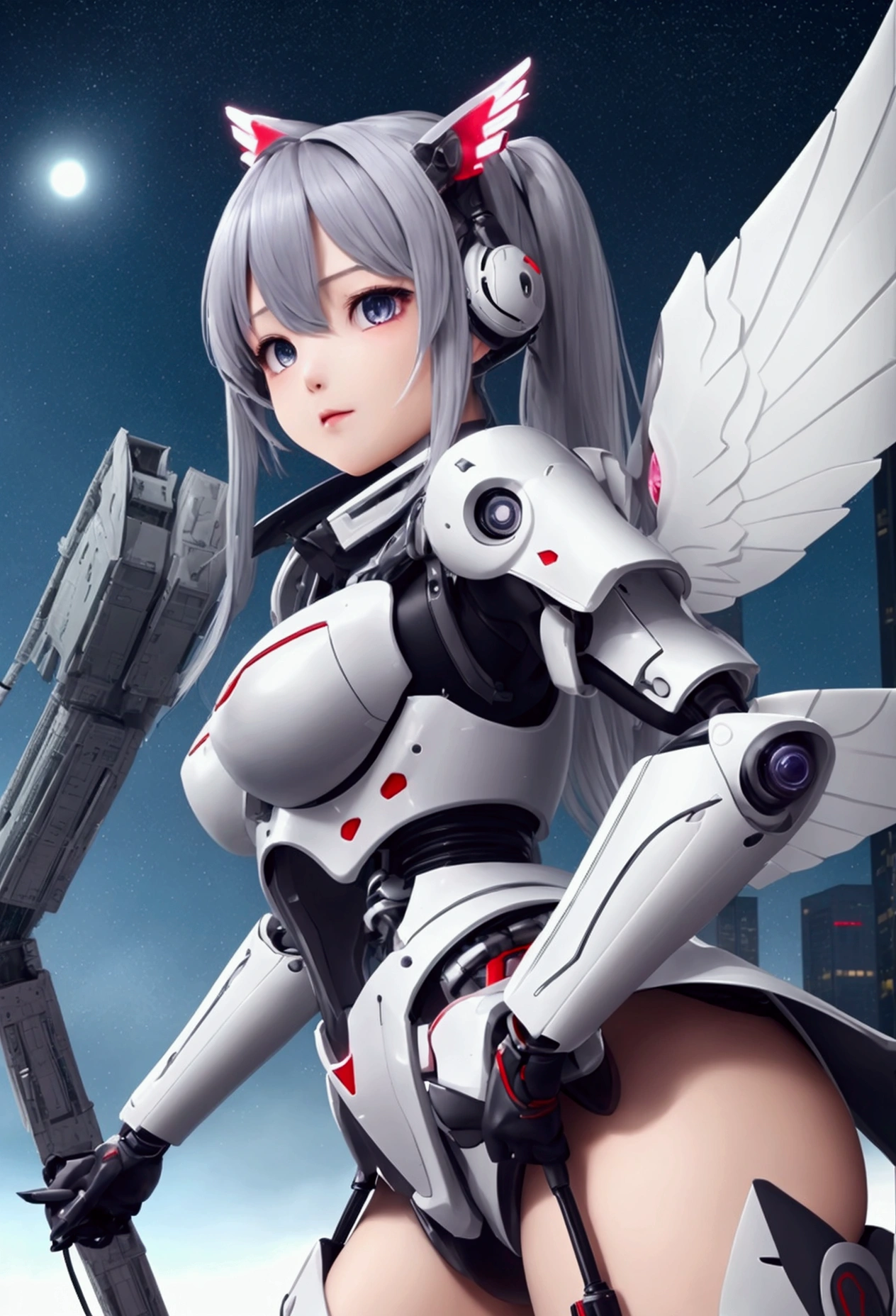 From the side、Highest quality、verydetailedな、masterpiece、超detailedな、Awareness-raising、((One Girl))、Silver Hair、Hair length、Floating Hair、Exoskeleton tightecha、Cyber City、Neon Building、(Upper body:1.05)、very_detailed_eye_and_face,cybernetic wing mechanical wing、Combat Stance、Skyscraper、、mecha musume、Shrine maiden