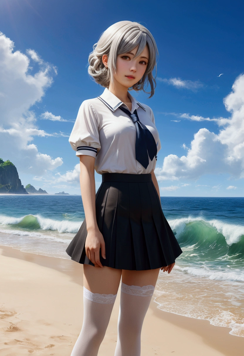 ((work of art)), ((best qualityer)), ((high resolution)), ((Extremely detailed CG 8k unity wallpaper)), standing alone, tachibana kanade, tan , Black Skirt, white stockings, plein-air, Face, curtained hair, beachfront, parted hair, silver hair