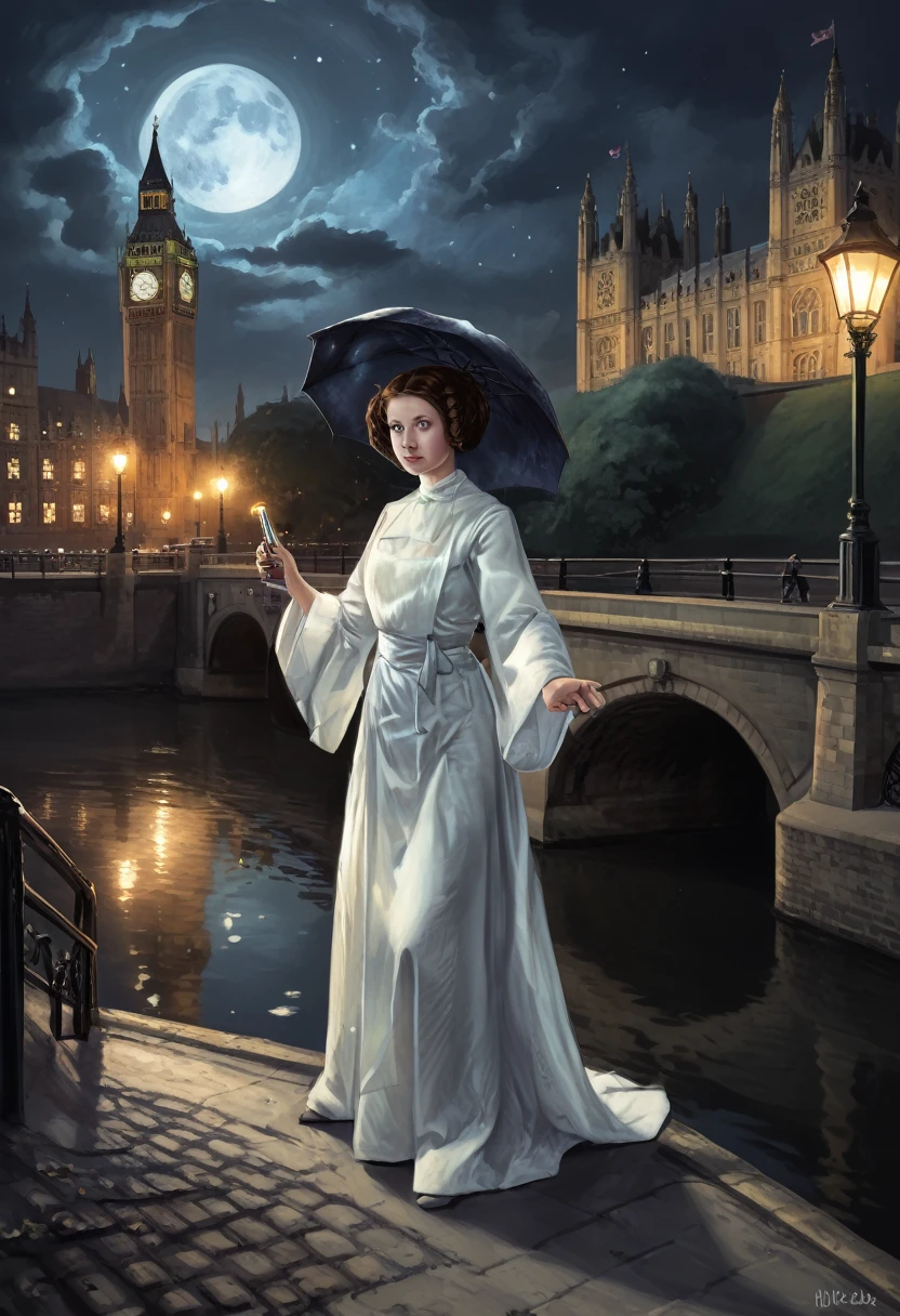 1girl, solo, princess_leia_organa_solo, short hair, hair bun, selfie, brown_hair, side buns, victorian era dress, 20 years old, mystical lamps at a Gaslit bridge spanning over tranquil river, london street, nighttime, fog, westminster, big ben, ultra-fine digital painting, cin3 victorianstyle, sfw, arm extended beyond frame