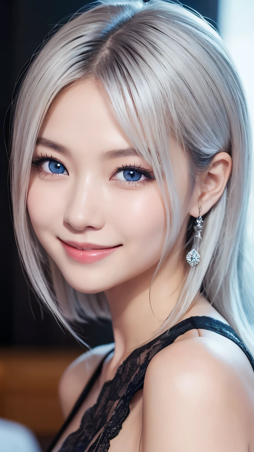 Beautiful Dragon Girl、White skin、blue eyes、Silver Hair、smile、