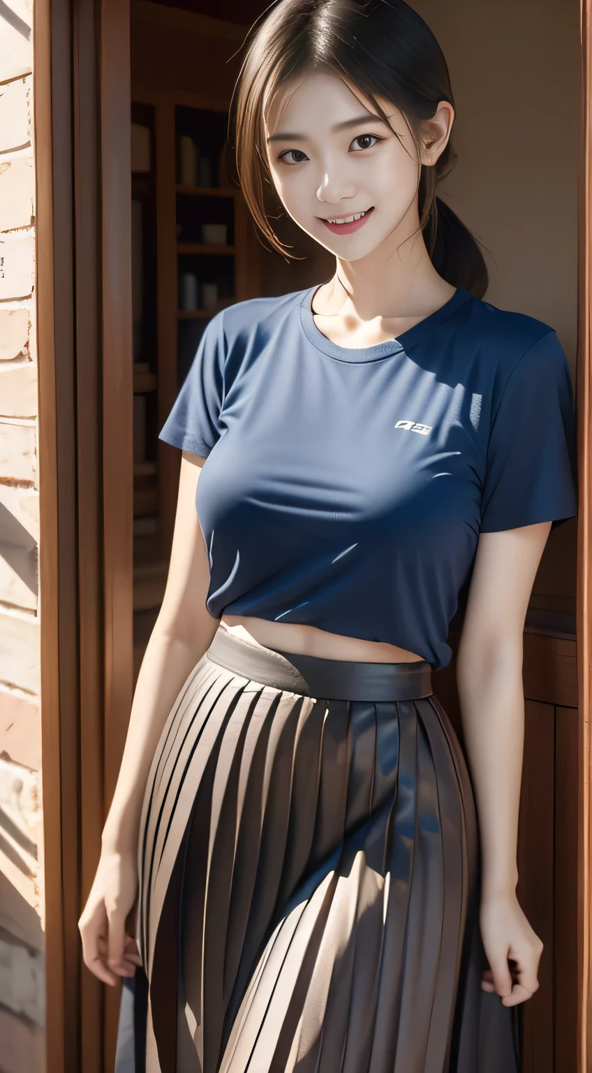 One Japanese woman、28 years old、I slicked my hair back., Short ponytail、Beautiful double eyelids、White skin, Perfect Makeup, Lip gloss、Small breasts, smile, Wear a plain camisole jacket, Entrance to the house, A photo showing you from the waist to the head、Opening the door and smiling、(Skin-colored T-shirt、Blue maxi pleated skirt:1.4)、depth of field, uhd, anatomically correct, textured skin, best quality, high details, 16K,