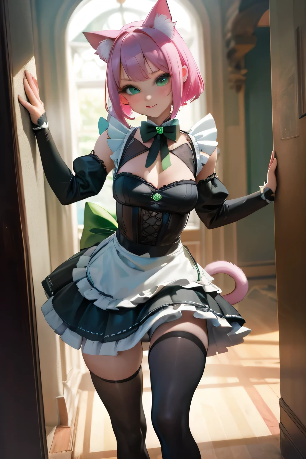 best quality,4k,highres),ultra detailed,realistic:1.37, Pink hair, short hair, deep emerald green colored eyes, small breasts, body, short body, large magical collar, slave, cat girl, cat tail, servant, sexy, cute, shy look, tied up, in a dungeon, mischievous expression, bratty, short maid dress, thigh high leggings, ta maid, white dress, black and green dress, revealing dress, exposed thighs, detached sleeves