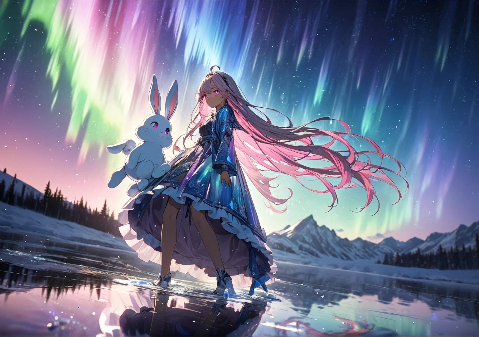 Twins Girl,((((pink color eyes))), (((bunny tail))),((bunny outfit)),beautiful as a fairy, a melancholy expression that stirs affection, floating hair, light particles, glare, vivid, fancy, dreamlike, a dim atmosphere, adult, full body, wet, ((anime style))),,(((cyber outfit))), (night sky), (((cyber backround))), masterpiece, Light focus , (Bright gradient watercolor :1.5, Lens Flare:1.5 , Glitter :1.5)、Glow , Dreamy , ((night background))、Grid illusion, Colorful, boy, (((night sky background:1.5,Psychic in the background:1.5))),((extremely detailed eye:1.5)),{{{Ultra 8K resolution}}},((masutepiece, of the highest quality, Beautiful and aesthetic: 1.2)),{{hyper detailed masterpiece: 1.7}}, {{Cinematic lighting}},(The hair Transparency:1.5),(Light shades:1.5,light toned,Bright big aurora background:1.5、ming:1.5,Cold reflection:1.5,The edges of the object are reflected by a rainbow:1.5) 、(Golden ratio: 1.2), (Super Detail: 1.3), (Fractal Art: 1.3), {{{Glitter Pupil:1.25}}}) , ((rainbow-colored hair:1.2、colourful hair、Half blue and half pink hair:1.5,Shiny hair: 1.2)), (Heterochromia), (Hyper-detailing), ((delicate detail)), (intricate-detail), ((Cinematic Light, Highest quality backlight)), High contrast, {{{The best lighting, Very delicate and beautiful}}}, (( Cinematic Light)), (ray trace reflection, Glow), (((glowing aura)), {{{Glowing hair:1.25}}}, ((Super Detail)), (8K)), ((a closeup)), ((Brown skin)),(firmament:1.5),