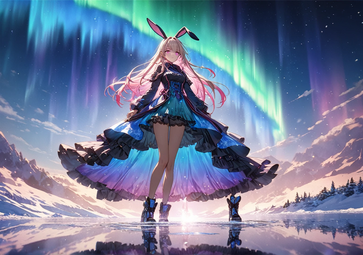 Twins Girl,((((pink color eyes))), (((bunny tail))),((bunny outfit)),beautiful as a fairy, a melancholy expression that stirs affection, floating hair, light particles, glare, vivid, fancy, dreamlike, a dim atmosphere, adult, full body, wet, ((anime style))),,(((cyber outfit))), (night sky), (((cyber backround))), masterpiece, Light focus , (Bright gradient watercolor :1.5, Lens Flare:1.5 , Glitter :1.5)、Glow , Dreamy , ((night background))、Grid illusion, Colorful, boy, (((night sky background:1.5,Psychic in the background:1.5))),((extremely detailed eye:1.5)),{{{Ultra 8K resolution}}},((masutepiece, of the highest quality, Beautiful and aesthetic: 1.2)),{{hyper detailed masterpiece: 1.7}}, {{Cinematic lighting}},(The hair Transparency:1.5),(Light shades:1.5,light toned,Bright big aurora background:1.5、ming:1.5,Cold reflection:1.5,The edges of the object are reflected by a rainbow:1.5) 、(Golden ratio: 1.2), (Super Detail: 1.3), (Fractal Art: 1.3), {{{Glitter Pupil:1.25}}}) , ((rainbow-colored hair:1.2、colourful hair、Half blue and half pink hair:1.5,Shiny hair: 1.2)), (Heterochromia), (Hyper-detailing), ((delicate detail)), (intricate-detail), ((Cinematic Light, Highest quality backlight)), High contrast, {{{The best lighting, Very delicate and beautiful}}}, (( Cinematic Light)), (ray trace reflection, Glow), (((glowing aura)), {{{Glowing hair:1.25}}}, ((Super Detail)), (8K)), ((a closeup)), ((Brown skin)),(firmament:1.5),