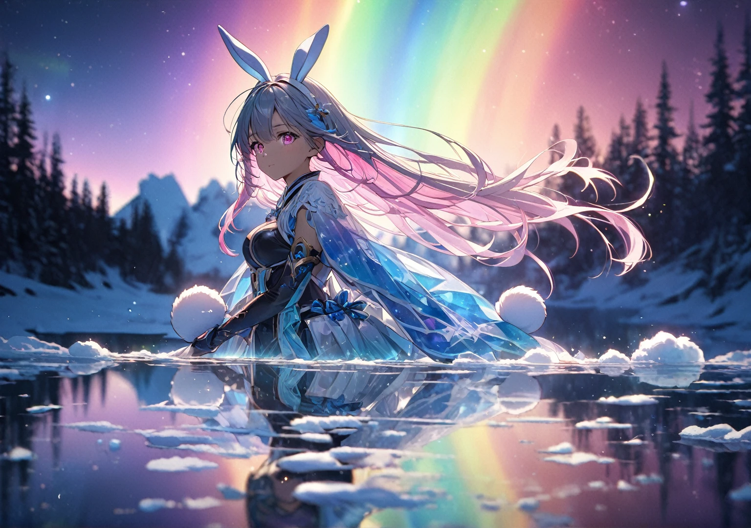 Twins Girl,((((pink color eyes))), (((bunny tail))),((bunny outfit)),beautiful as a fairy, a melancholy expression that stirs affection, floating hair, light particles, glare, vivid, fancy, dreamlike, a dim atmosphere, adult, full body, wet, ((anime style))),,(((cyber outfit))), (night sky), (((cyber backround))), masterpiece, Light focus , (Bright gradient watercolor :1.5, Lens Flare:1.5 , Glitter :1.5)、Glow , Dreamy , ((night background))、Grid illusion, Colorful, boy, (((night sky background:1.5,Psychic in the background:1.5))),((extremely detailed eye:1.5)),{{{Ultra 8K resolution}}},((masutepiece, of the highest quality, Beautiful and aesthetic: 1.2)),{{hyper detailed masterpiece: 1.7}}, {{Cinematic lighting}},(The hair Transparency:1.5),(Light shades:1.5,light toned,Bright big aurora background:1.5、ming:1.5,Cold reflection:1.5,The edges of the object are reflected by a rainbow:1.5) 、(Golden ratio: 1.2), (Super Detail: 1.3), (Fractal Art: 1.3), {{{Glitter Pupil:1.25}}}) , ((rainbow-colored hair:1.2、colourful hair、Half blue and half pink hair:1.5,Shiny hair: 1.2)), (Heterochromia), (Hyper-detailing), ((delicate detail)), (intricate-detail), ((Cinematic Light, Highest quality backlight)), High contrast, {{{The best lighting, Very delicate and beautiful}}}, (( Cinematic Light)), (ray trace reflection, Glow), (((glowing aura)), {{{Glowing hair:1.25}}}, ((Super Detail)), (8K)), ((a closeup)), ((Brown skin)),(firmament:1.5),