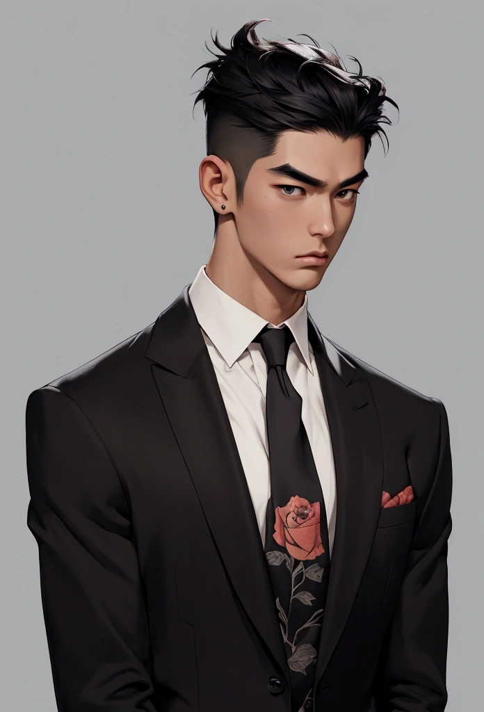 absurderes, high resolution, ultra detaild, realisitic, ), 1 men, Japanese, bad boy, standing alone, grown-up, mellow, tall and muscular guy, broadshouldered, bonitas, short hair pulled back,Bblack hair, eyes browns, angular jaw, Neck grosso, thick eyebrows, formal outfit, opened some buttons on the chest, necktie, trunk, tatoo, Black rose, Neck, small, looking straight ahead .