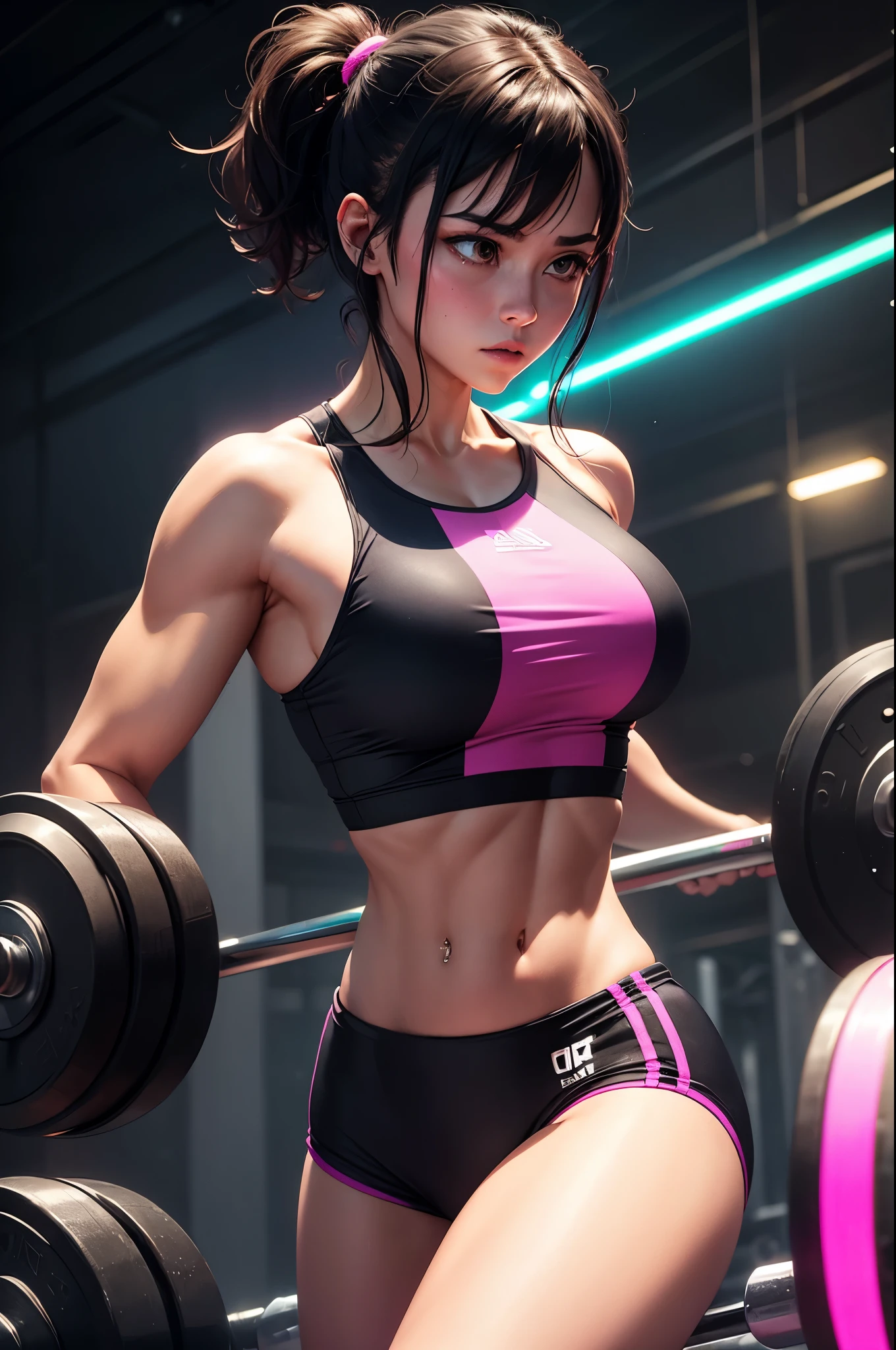 masterpiece,ultra detailed,realistic photo, 1beautiful girl, weightlifting uniform,detailed very short hair, big eyes, small delicate head,shiny skins,large breasts,tone abs,wet skins sweat,weightlifting venue,cinematic light,