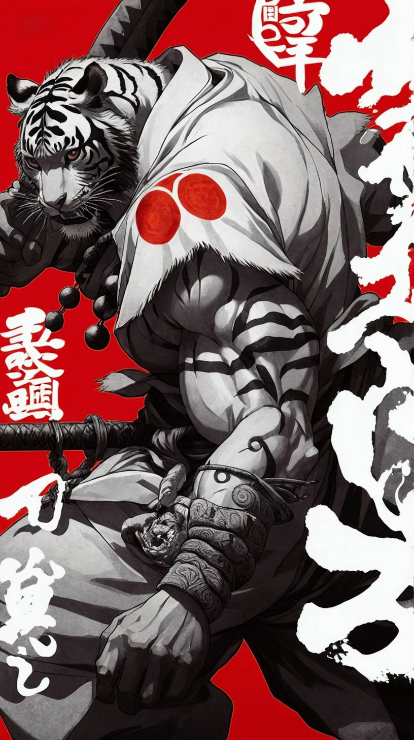 anime poster of a tiger with a tiger on his back, afro samurai manga style, afro samurai animes style, afro samurai anime style, afro samurai style, inspired by Kanō Hōgai, genie - spirit, shikishi, Tsutomu Nihei style, Inspired by Shunkōsai Hokushū, inspired by Urakusai Nagahide