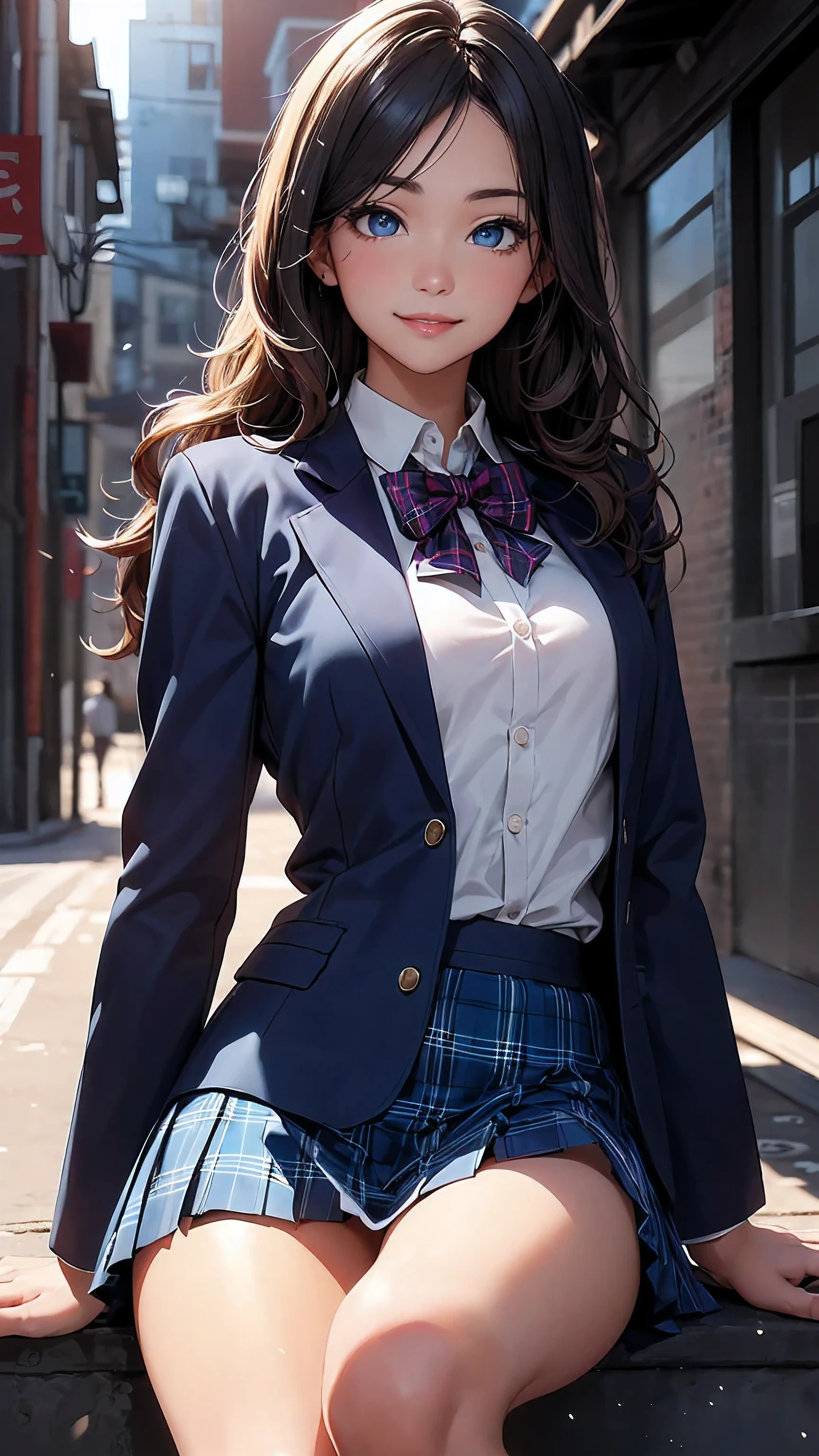 concept:A portrait of a beautiful woman。 quality:(highest quality, 4K, High resolution, masterpiece:1.2), Super detailed, (real, photorealistic:1.37), lightning:cinematic light, Bright colors and mesmerizing effects, Soft and delicate lightning, Soft shine, Lens flare, Subject information:alone, ((young woman)), (narrow eyes), (small face), (high detailed leather:1.2), long eyelashes, bright lips, (bionde, long wavy hair, Blue eyes), slim body shape:1.4, Highly detailed face and skin texture, (happy smile:1.2), facing the front:1.2, Posing for a photoshoot, (((high school uniform:1.2, dark blue jacket, open jacket, White shirt, deep blue plaid skirt, seductive thighs))), Other details:after school:1.5, sit on the stairs:1.2, beautiful skin, shiny skin, perfect fingers, five fingers, anatomically correct, background bokeh, Lens flare, 500㎜, f/4, Photoshoot,