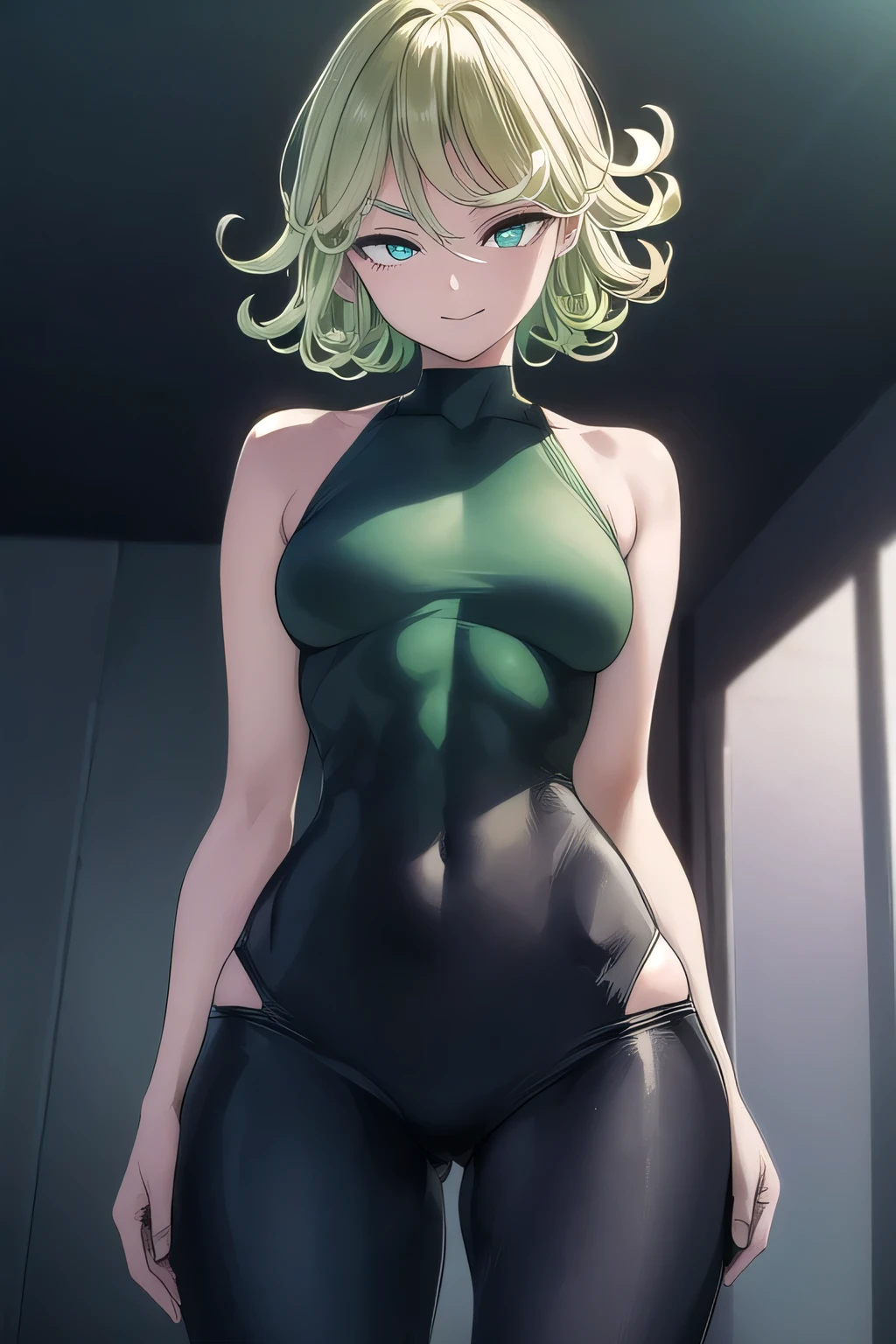 "Tatsumaki" 26-year-old girl, with curly and wavy hair, light green, in the gym, seen from the back, from below, tied with a yellow string,  Her hair is short and reaches her shoulders, white top, white and blue top, tight top, tight black sport leggings, tight leggings, she has a curvy, very curvy physique, Smug expression with a mischievous smile.
Tatsumaki from "One Punch Man" image in size, FULL HD 4K resolution.
FULLBODY 

(masterpiece:1.2), best quality, high resolution, unity 8K, (illustration:0.8), (beautiful detailed eyes:1.6), extremely detailed face, perfect lighting, extremely detailed CG, (perfect anatomy),